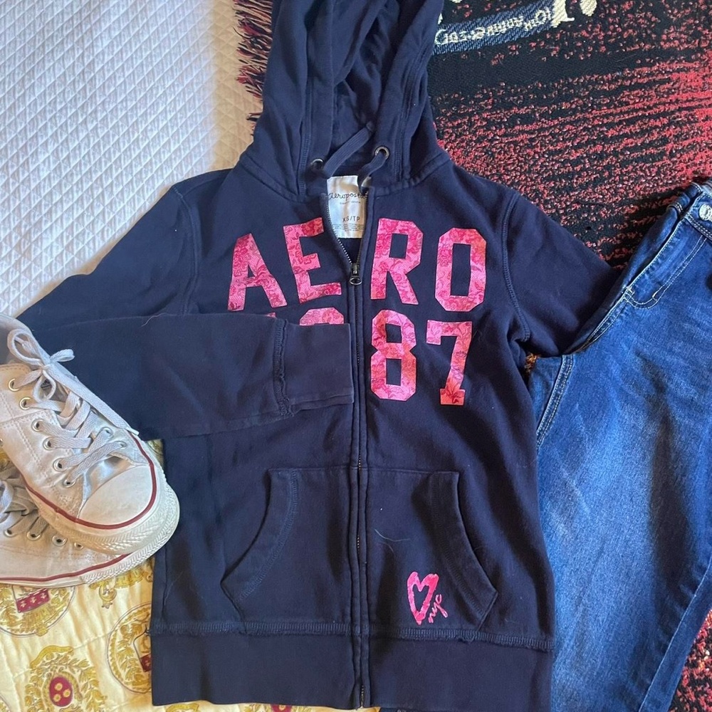 Aeropostale Blue and Pink Zip-Up Hoodie Sweatshirt